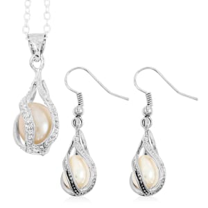 2 Piece Set - Freshwater Pearl Earrings and Pendant Necklace 18 Inches in Silvertone