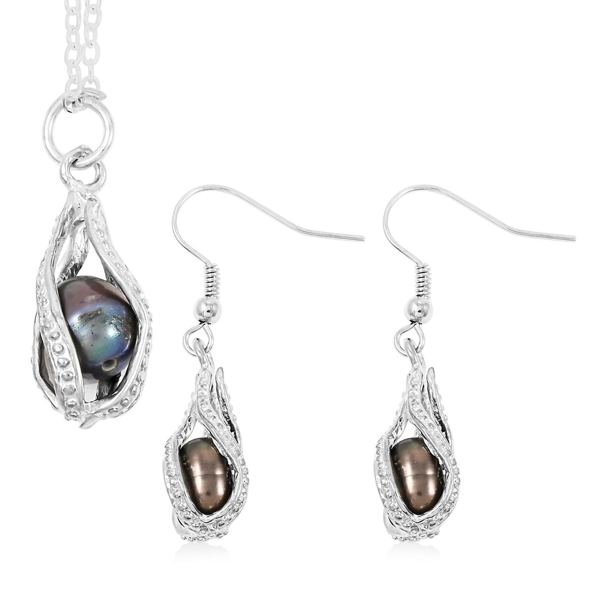 2 Piece Set - Freshwater Black Pearl Pearl Earrings and Pendant Necklace 18 Inches in Silvertone image number 0