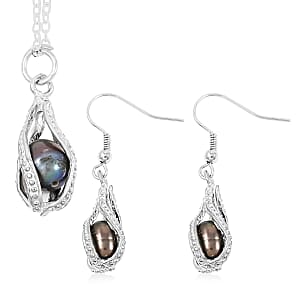 2 Piece Set - Freshwater Black Pearl Pearl Earrings and Pendant Necklace 18 Inches in Silvertone