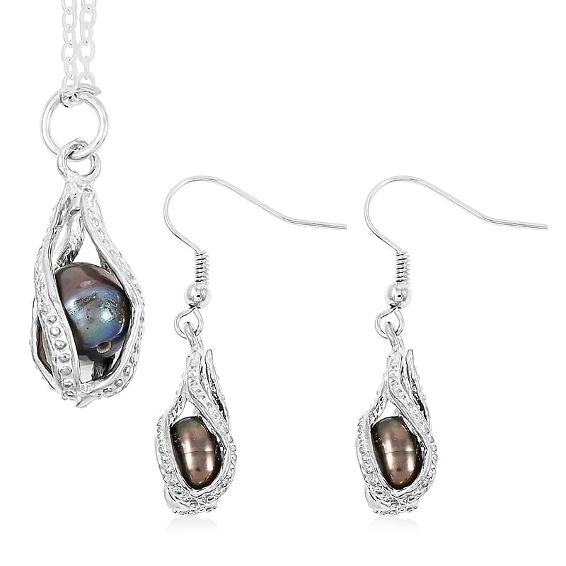 2 Piece Set - Freshwater Black Pearl Pearl Earrings and Pendant Necklace 18 Inches in Silvertone