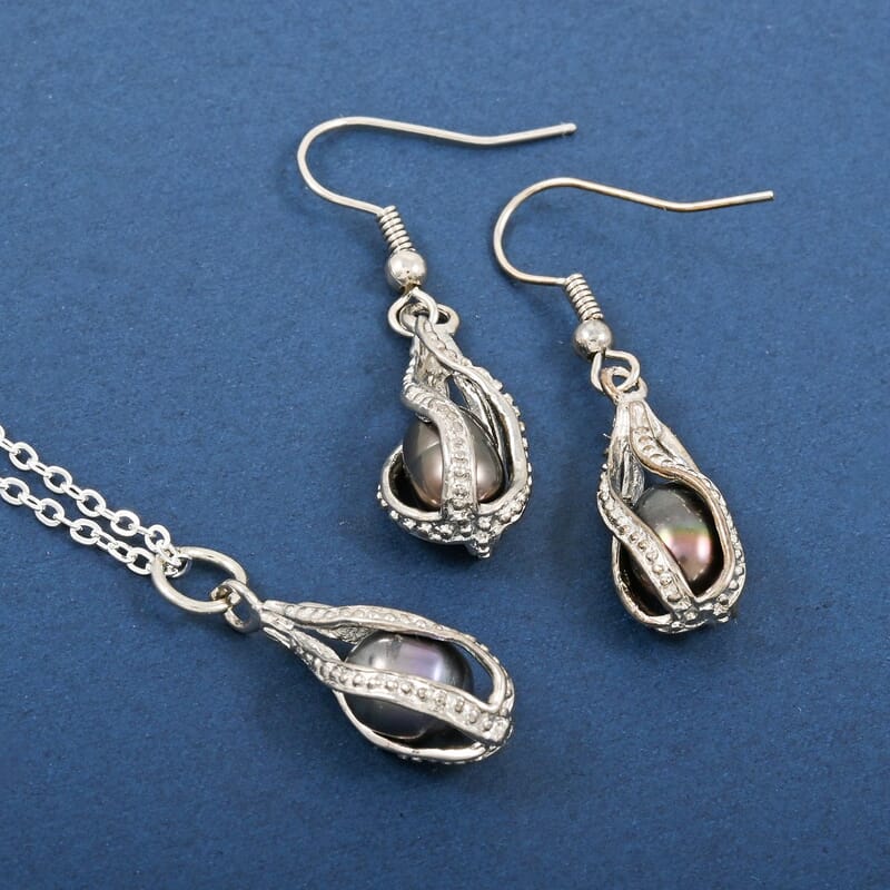 2 Piece Set - Freshwater Black Pearl Pearl Earrings and Pendant Necklace 18 Inches in Silvertone