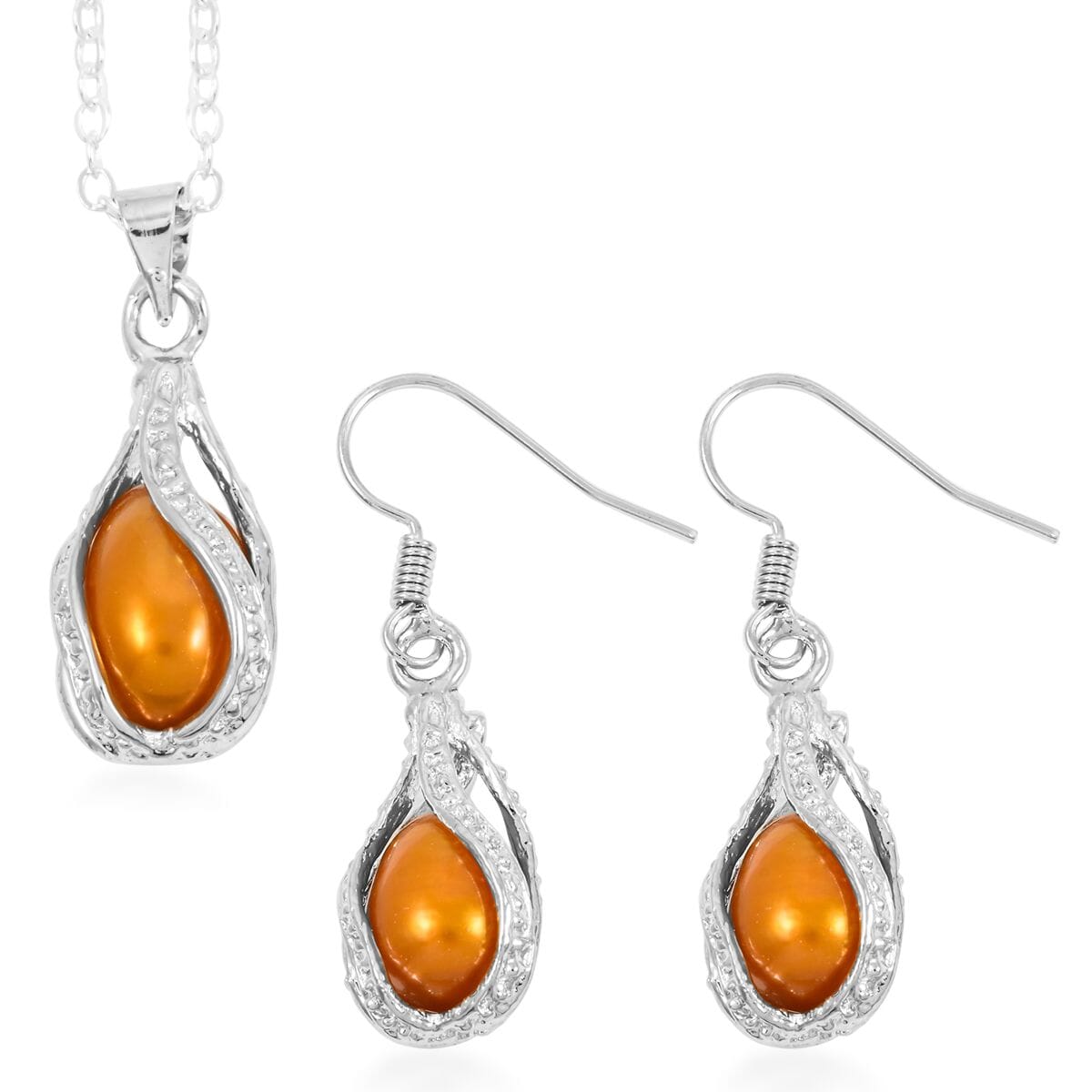 2 Piece Set - Freshwater Gold Pearl Earrings and Pendant Necklace 18 Inches in Silvertone image number 0