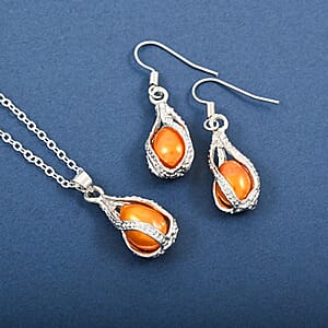 2 Piece Set - Freshwater Gold Pearl Earrings and Pendant Necklace 18 Inches in Silvertone