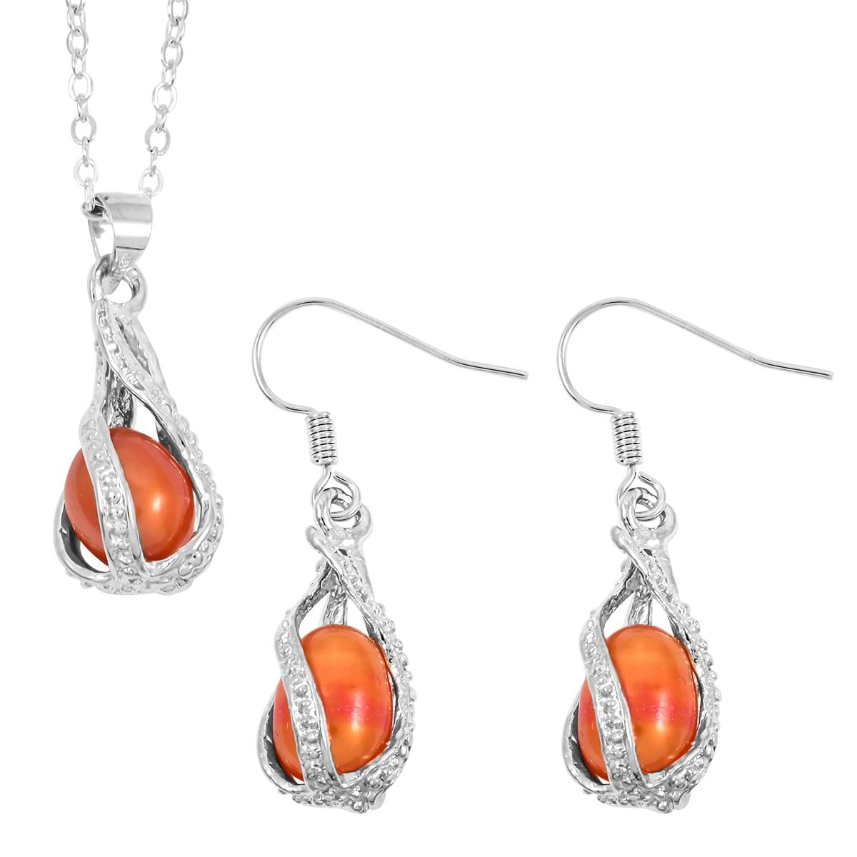 2 Piece Set - Freshwater Orange Pearl Earrings and Pendant Necklace 18 Inches in Silvertone image number 0