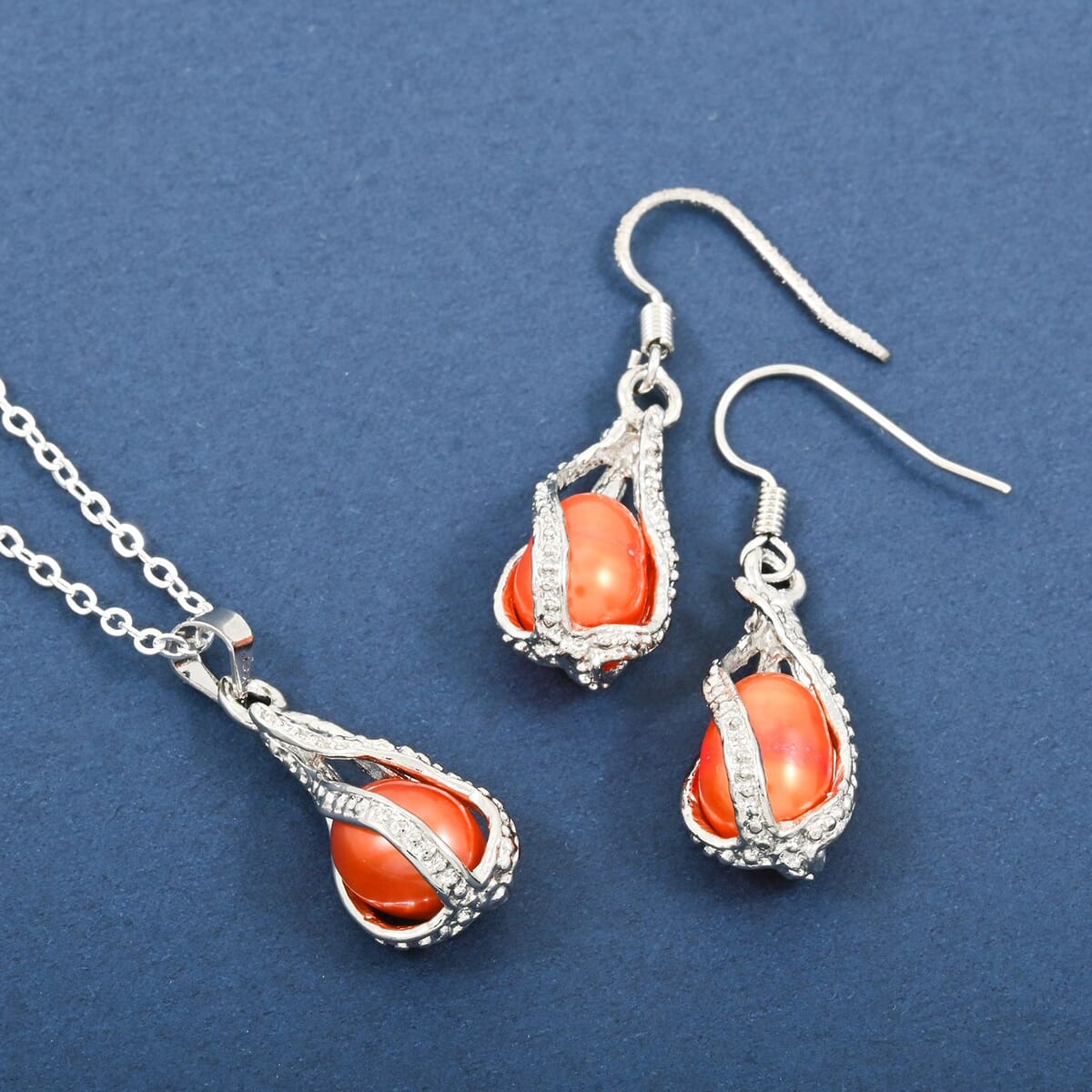 2 Piece Set - Freshwater Orange Pearl Earrings and Pendant Necklace 18 Inches in Silvertone image number 1