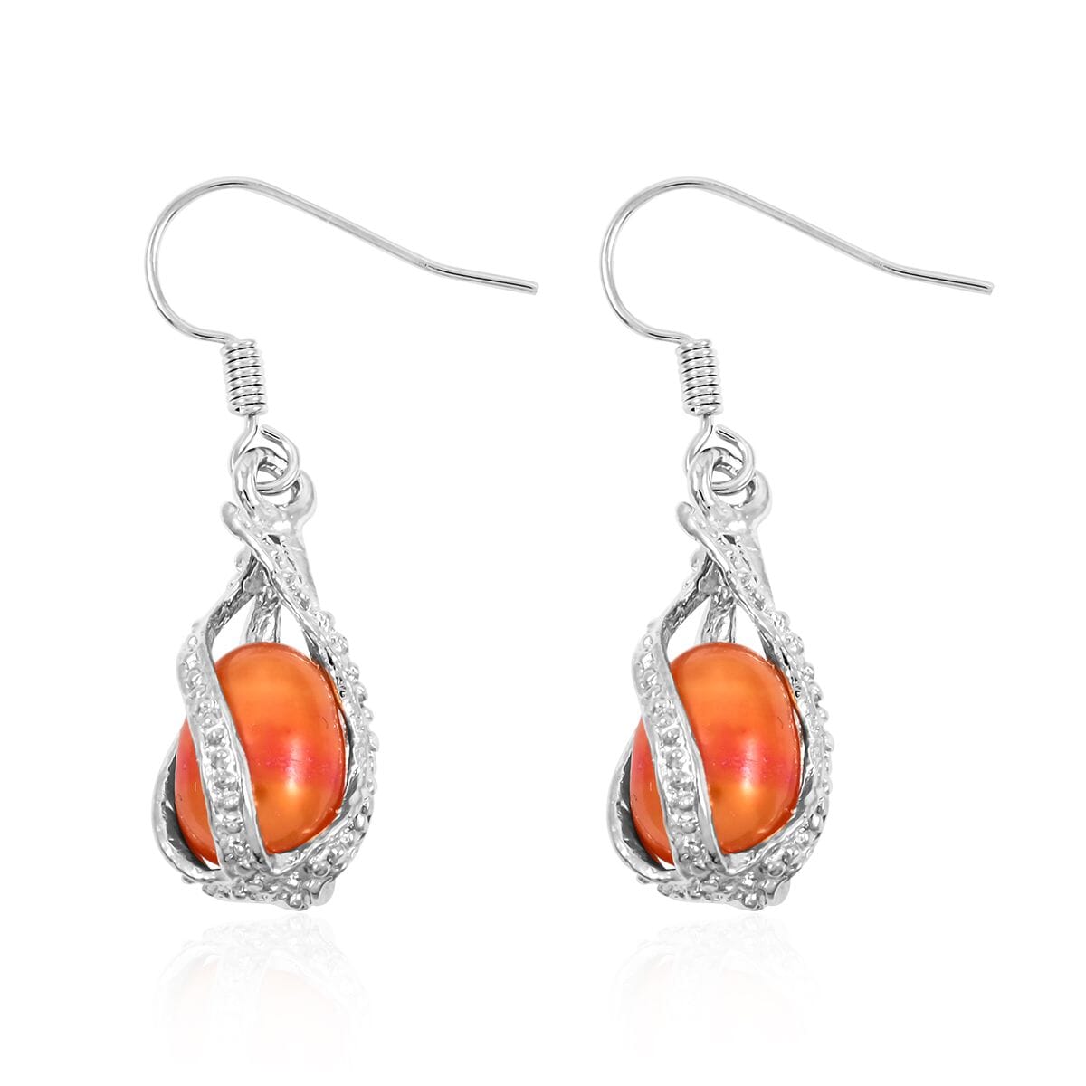 2 Piece Set - Freshwater Orange Pearl Earrings and Pendant Necklace 18 Inches in Silvertone image number 6