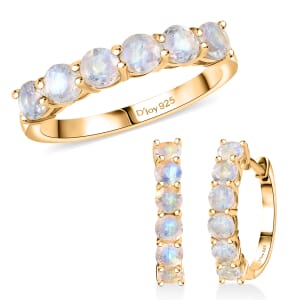 D'Joy Moon Glow Moonstone 3.25 ctw Aurora Glow Galaxy Hoop Earrings and Ring in 18K Vermeil Yellow Gold Over Sterling Silver (Size 5) 