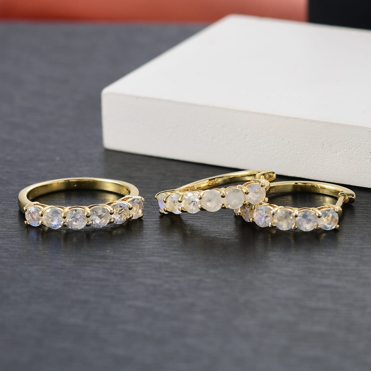 D'Joy Moon Glow Moonstone 3.25 ctw Aurora Glow Galaxy Hoop Earrings and Ring in 18K Vermeil Yellow Gold Over Sterling Silver (Size 5)  image number 1