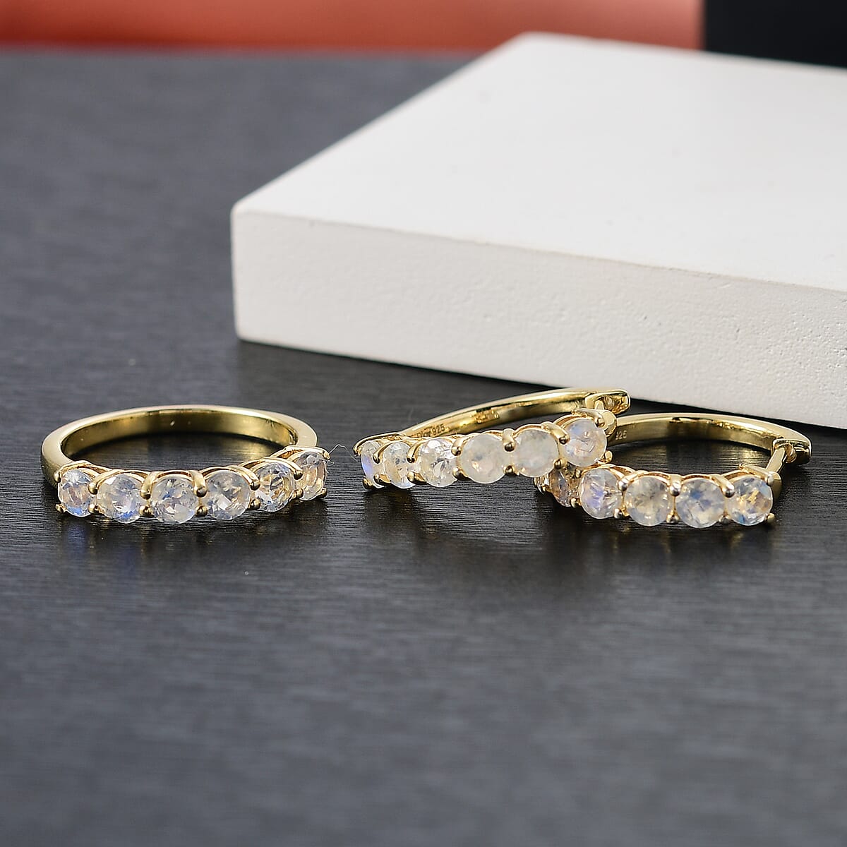 D'Joy Moon Glow Moonstone 3.25 ctw Aurora Glow Galaxy Hoop Earrings and Ring in 18K Vermeil Yellow Gold Over Sterling Silver (Size 8)  image number 1