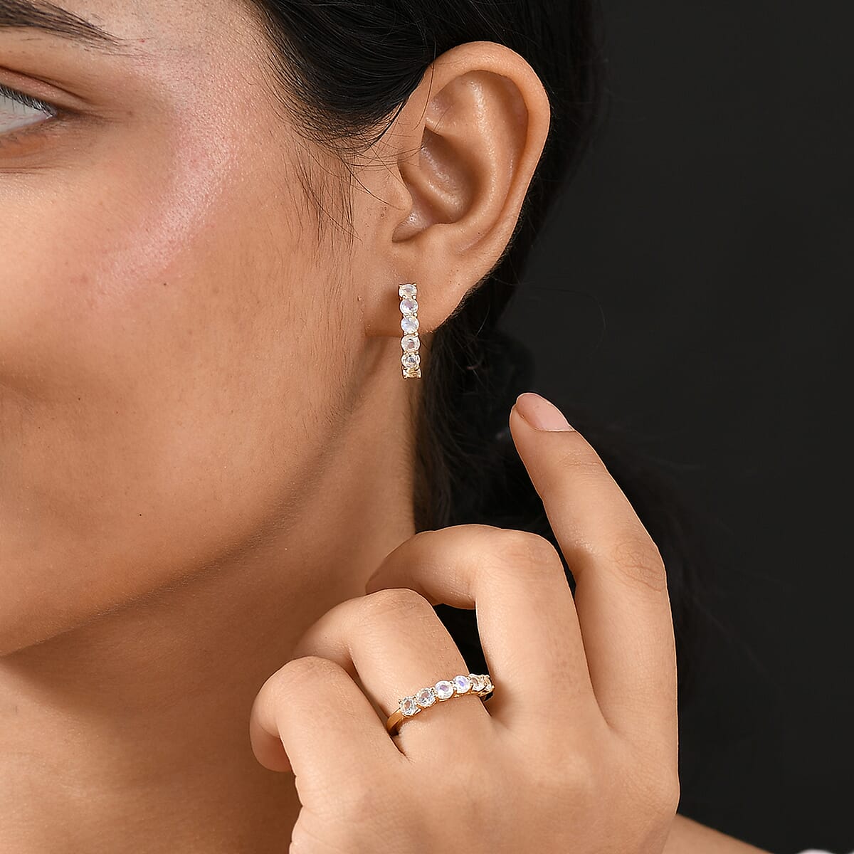 D'Joy Moon Glow Moonstone 3.25 ctw Aurora Glow Galaxy Hoop Earrings and Ring in 18K Vermeil Yellow Gold Over Sterling Silver (Size 9)  image number 2