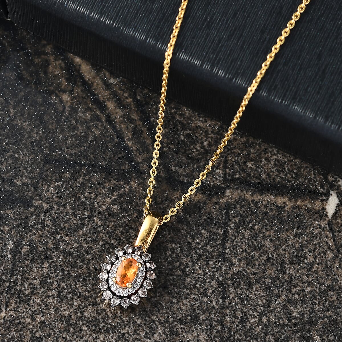 D'Joy Tanzanian Mandarin Garnet and White and Coffee Zircon 0.70 ctw Sunset Bloom Pendant Necklace 20 Inches in 18K Vermeil Yellow Gold Over Sterling Silver image number 1