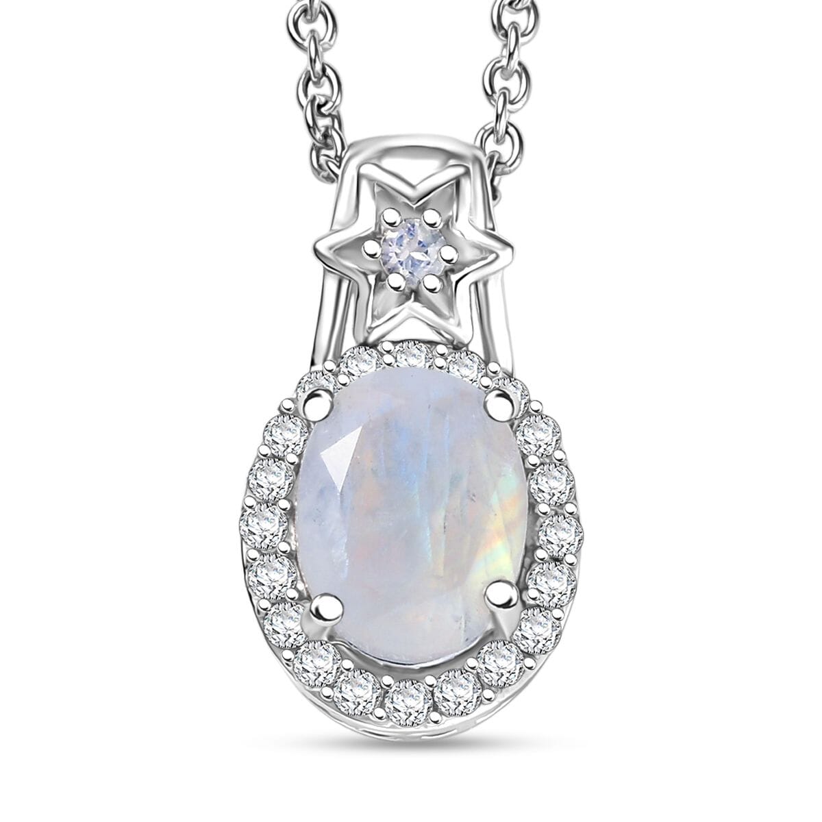 D'Joy Moon Glow Moonstone and White Zircon 2.30 ctw Moon & Star Pendant Necklace 20 Inches in Rhodium Over Sterling Silver image number 0