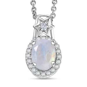 D'Joy Moon Glow Moonstone and White Zircon 2.30 ctw Moon & Star Pendant Necklace 20 Inches in Rhodium Over Sterling Silver