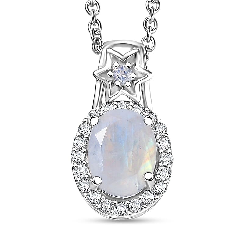 D'Joy Moon Glow Moonstone and White Zircon 2.30 ctw Moon & Star Pendant Necklace 20 Inches in Rhodium Over Sterling Silver