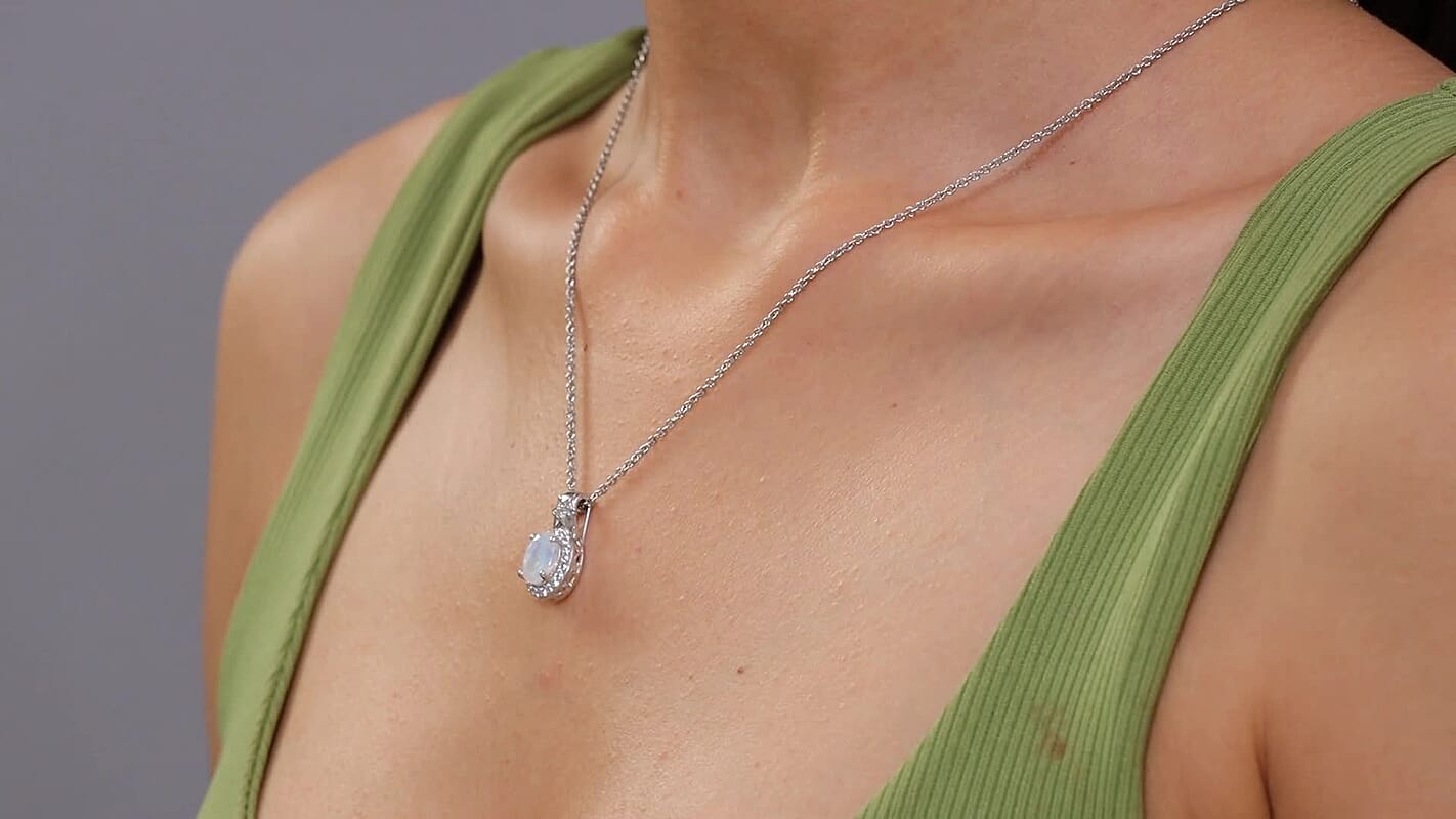 D'Joy Moon Glow Moonstone and White Zircon 2.30 ctw Moon & Star Pendant Necklace 20 Inches in Rhodium Over Sterling Silver