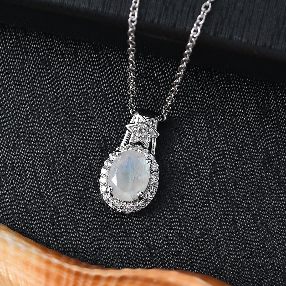 D'Joy Moon Glow Moonstone and White Zircon 2.30 ctw Moon & Star Pendant Necklace 20 Inches in Rhodium Over Sterling Silver image number 1