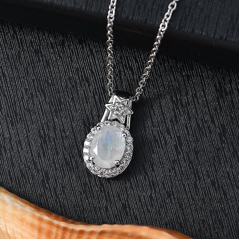 D'Joy Moon Glow Moonstone and White Zircon 2.30 ctw Moon & Star Pendant Necklace 20 Inches in Rhodium Over Sterling Silver