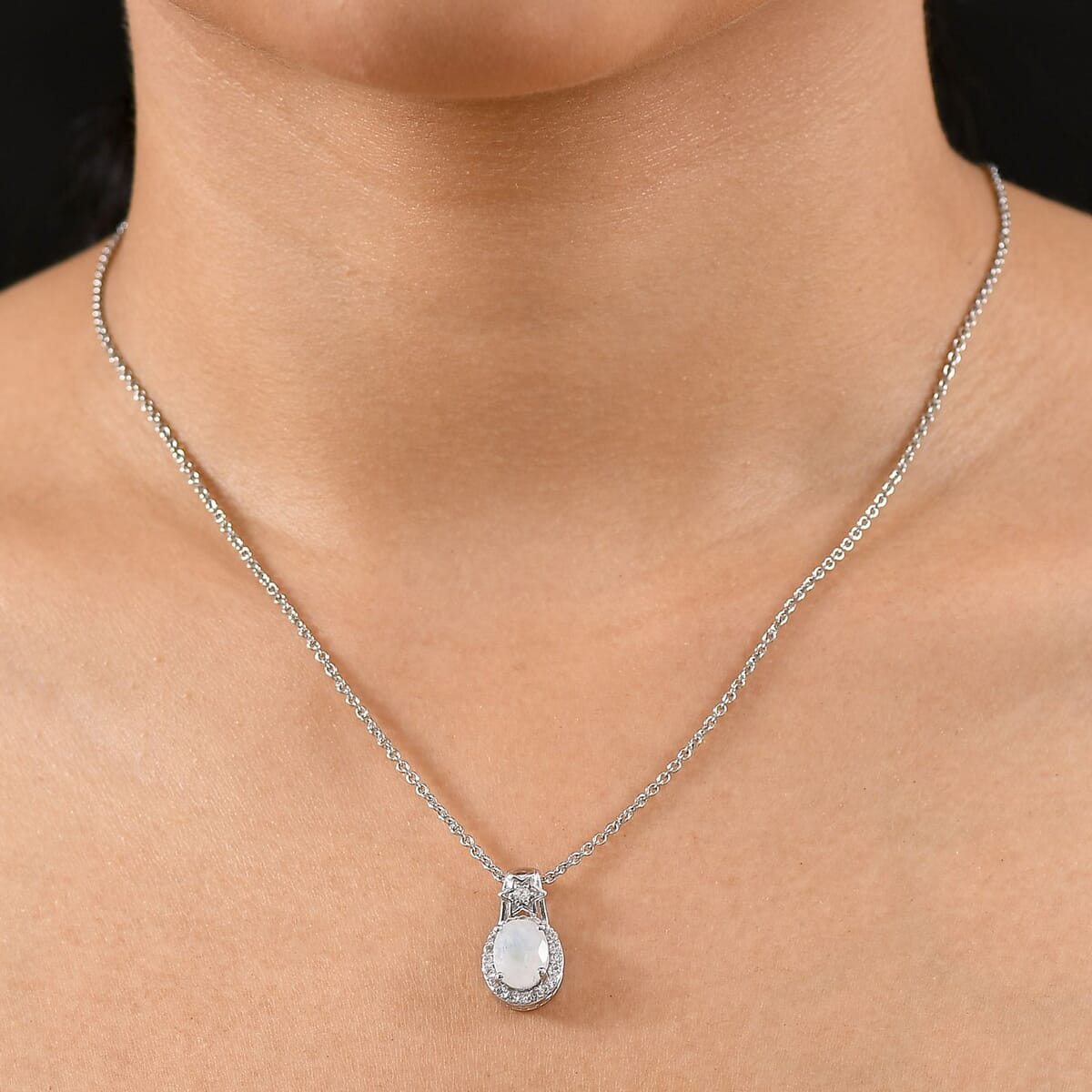 D'Joy Moon Glow Moonstone and White Zircon 2.30 ctw Moon & Star Pendant Necklace 20 Inches in Rhodium Over Sterling Silver image number 2