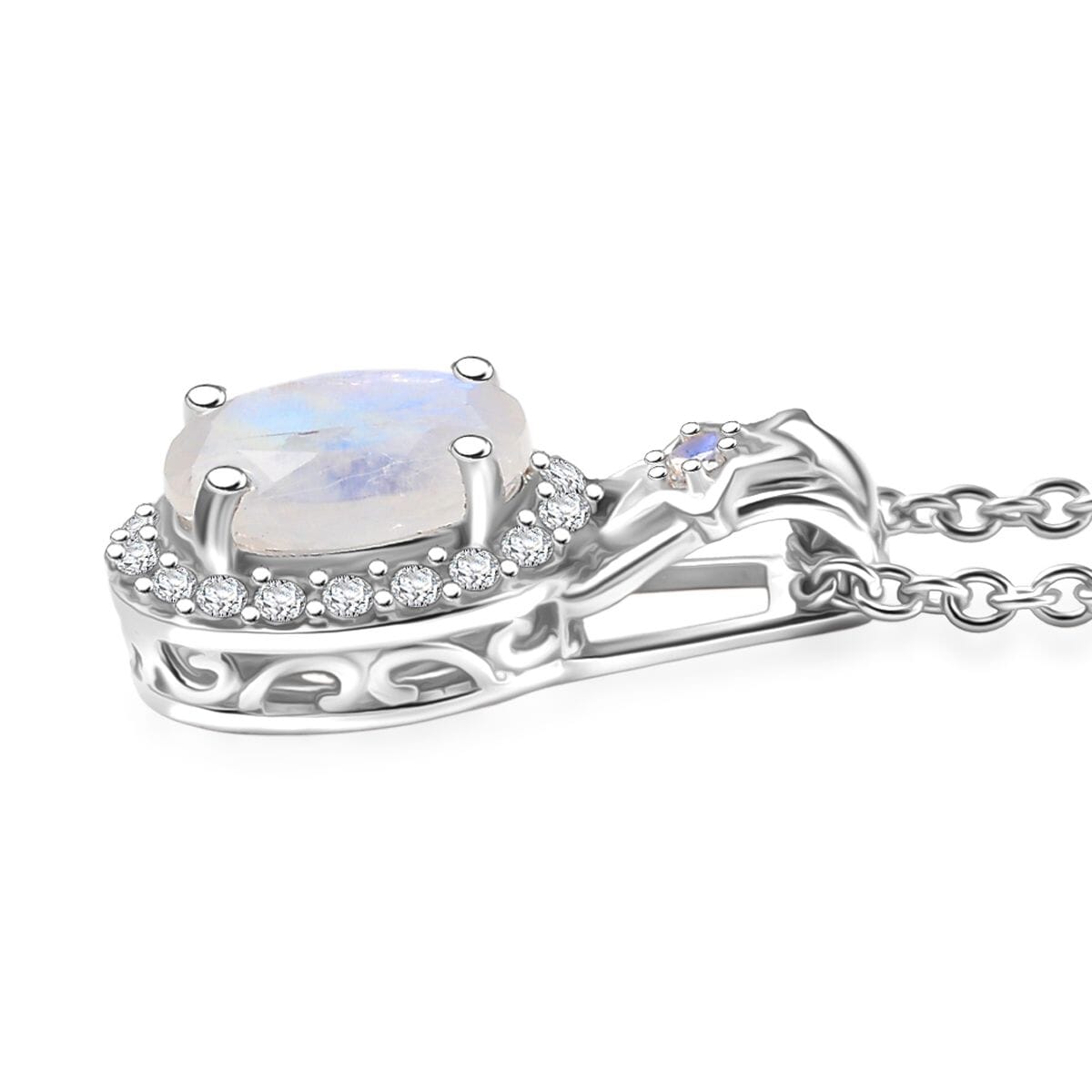 D'Joy Moon Glow Moonstone and White Zircon 2.30 ctw Moon & Star Pendant Necklace 20 Inches in Rhodium Over Sterling Silver image number 3