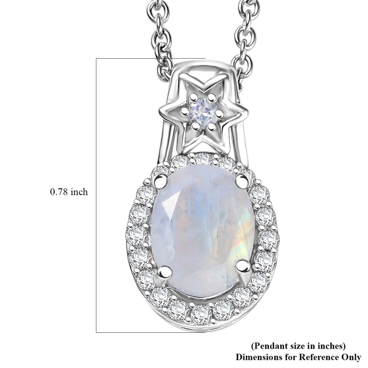 D'Joy Moon Glow Moonstone and White Zircon 2.30 ctw Moon & Star Pendant Necklace 20 Inches in Rhodium Over Sterling Silver image number 6