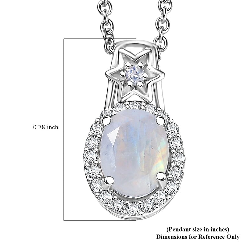 D'Joy Moon Glow Moonstone and White Zircon 2.30 ctw Moon & Star Pendant Necklace 20 Inches in Rhodium Over Sterling Silver