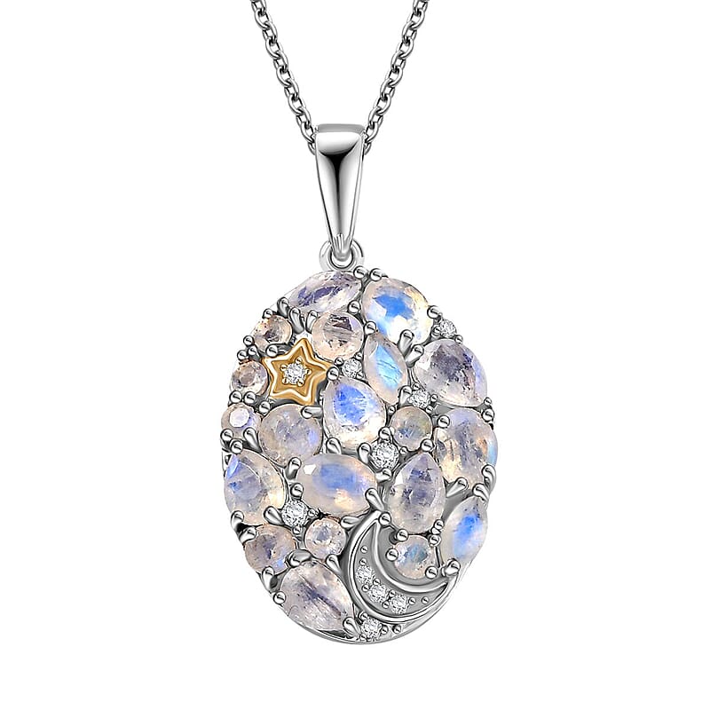 EverTrue Moon Glow Moonstone and White Zircon 2.10 ctw Moon Star Galaxy Pendant in 18K YG Plated and Platinum Bond with Stainless Steel Necklace 20 Inches