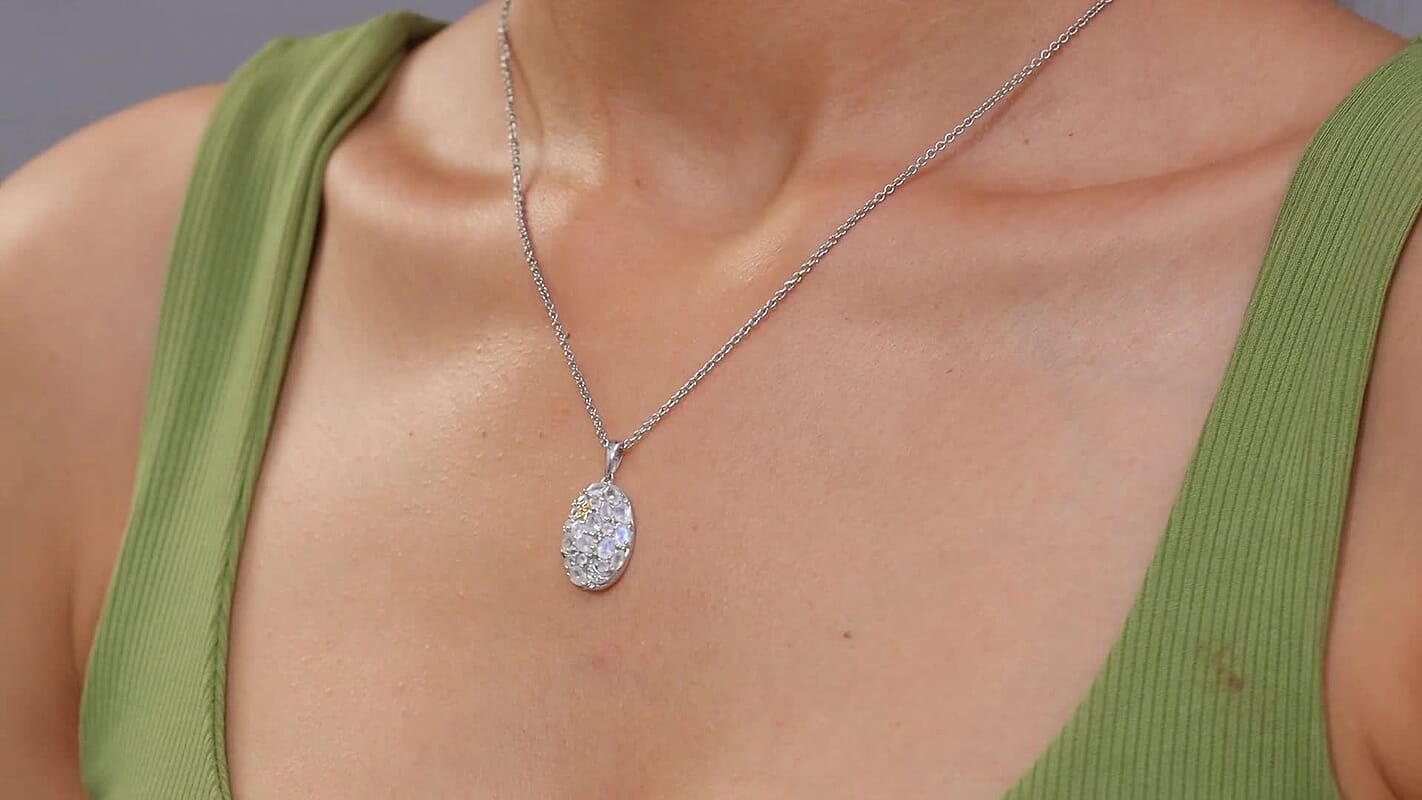 EverTrue Moon Glow Moonstone and White Zircon 2.10 ctw Moon Star Galaxy Pendant in 18K YG Plated and Platinum Bond with Stainless Steel Necklace 20 Inches