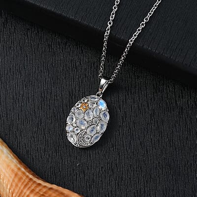 EverTrue Moon Glow Moonstone and White Zircon 2.10 ctw Moon Star Galaxy Pendant in 18K YG Plated and Platinum Bond with Stainless Steel Necklace 20 Inches