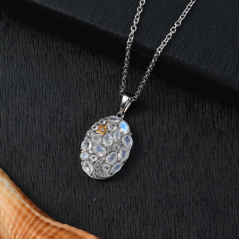 EverTrue Moon Glow Moonstone and White Zircon 2.10 ctw Moon Star Galaxy Pendant in 18K YG Plated and Platinum Bond with Stainless Steel Necklace 20 Inches