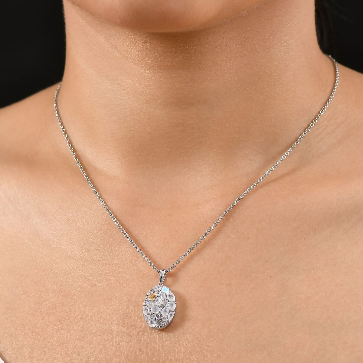 Ever True Moon Glow Moonstone and White Zircon 2.10 ctw Moon Star Galaxy Pendant in 18K YG Plated and Platinum Bond with Stainless Steel Necklace 20 Inches  image number 2