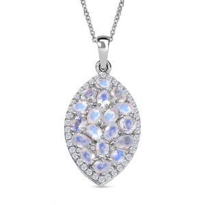 Ever True Moon Glow Moonstone and White Zircon 4.15 ctw Stardust Aura Pendant in Platinum Bond with Stainless Steel Necklace 20 Inches