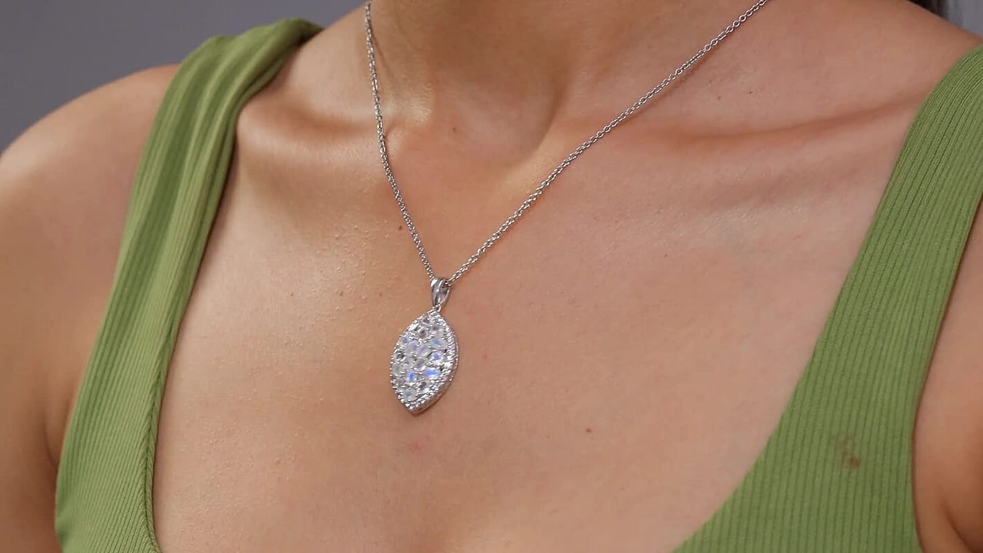 EverTrue Moon Glow Moonstone and White Zircon 4.15 ctw Stardust Aura Pendant in Platinum Bond with Stainless Steel Necklace 20 Inches