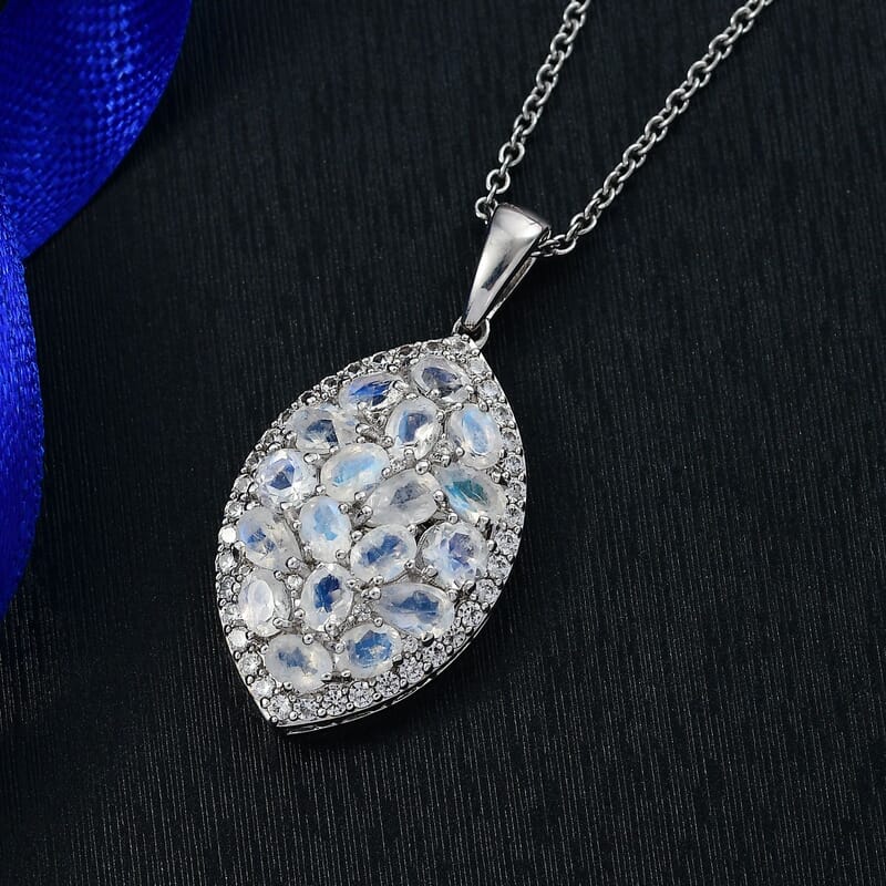 EverTrue Moon Glow Moonstone and White Zircon 4.15 ctw Stardust Aura Pendant in Platinum Bond with Stainless Steel Necklace 20 Inches