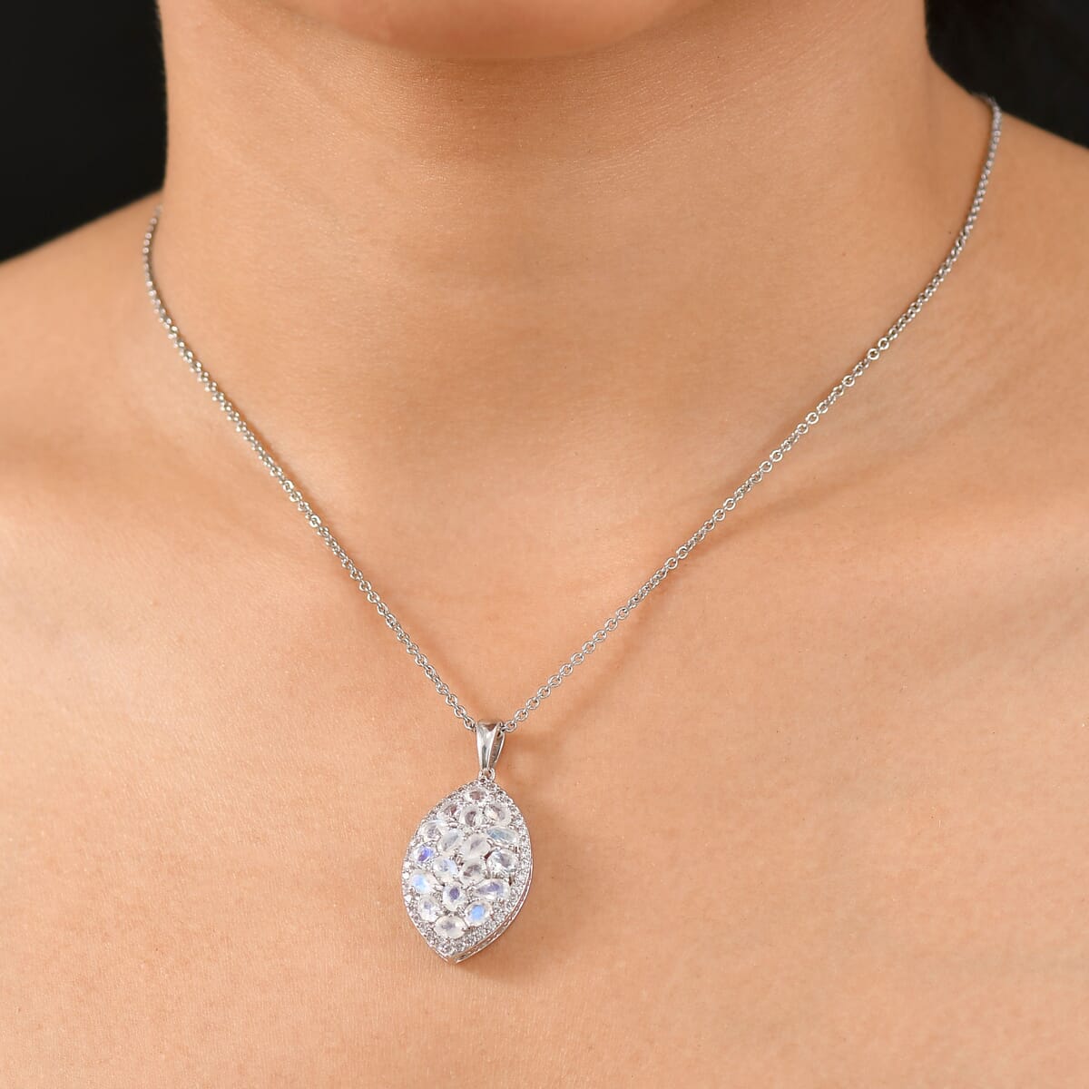 Ever True Moon Glow Moonstone and White Zircon 4.15 ctw Stardust Aura Pendant in Platinum Bond with Stainless Steel Necklace 20 Inches image number 2