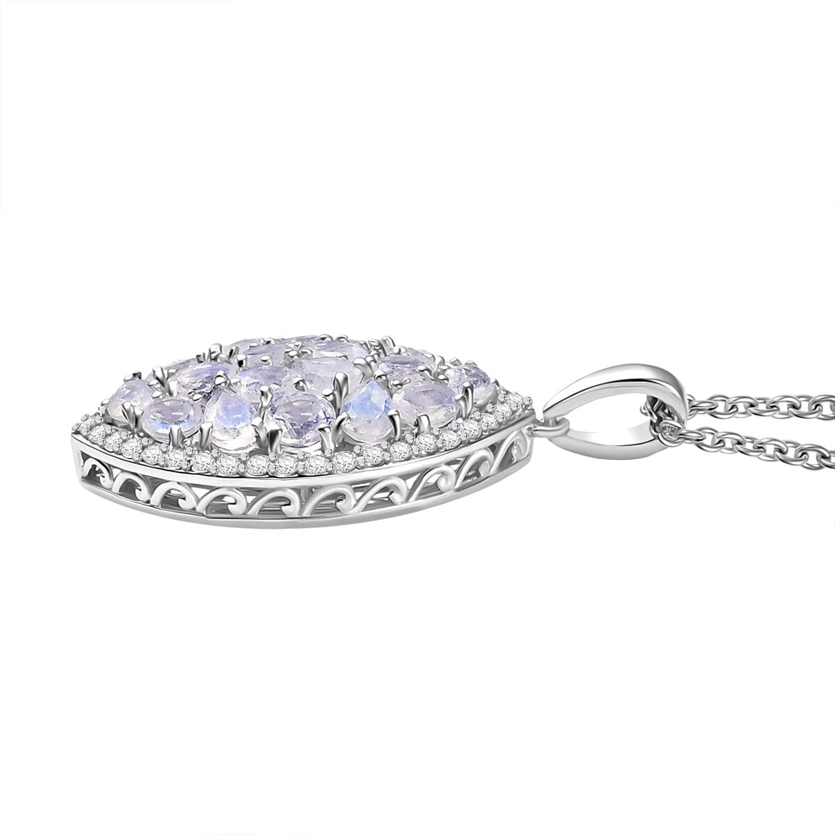 Ever True Moon Glow Moonstone and White Zircon 4.15 ctw Stardust Aura Pendant in Platinum Bond with Stainless Steel Necklace 20 Inches image number 3