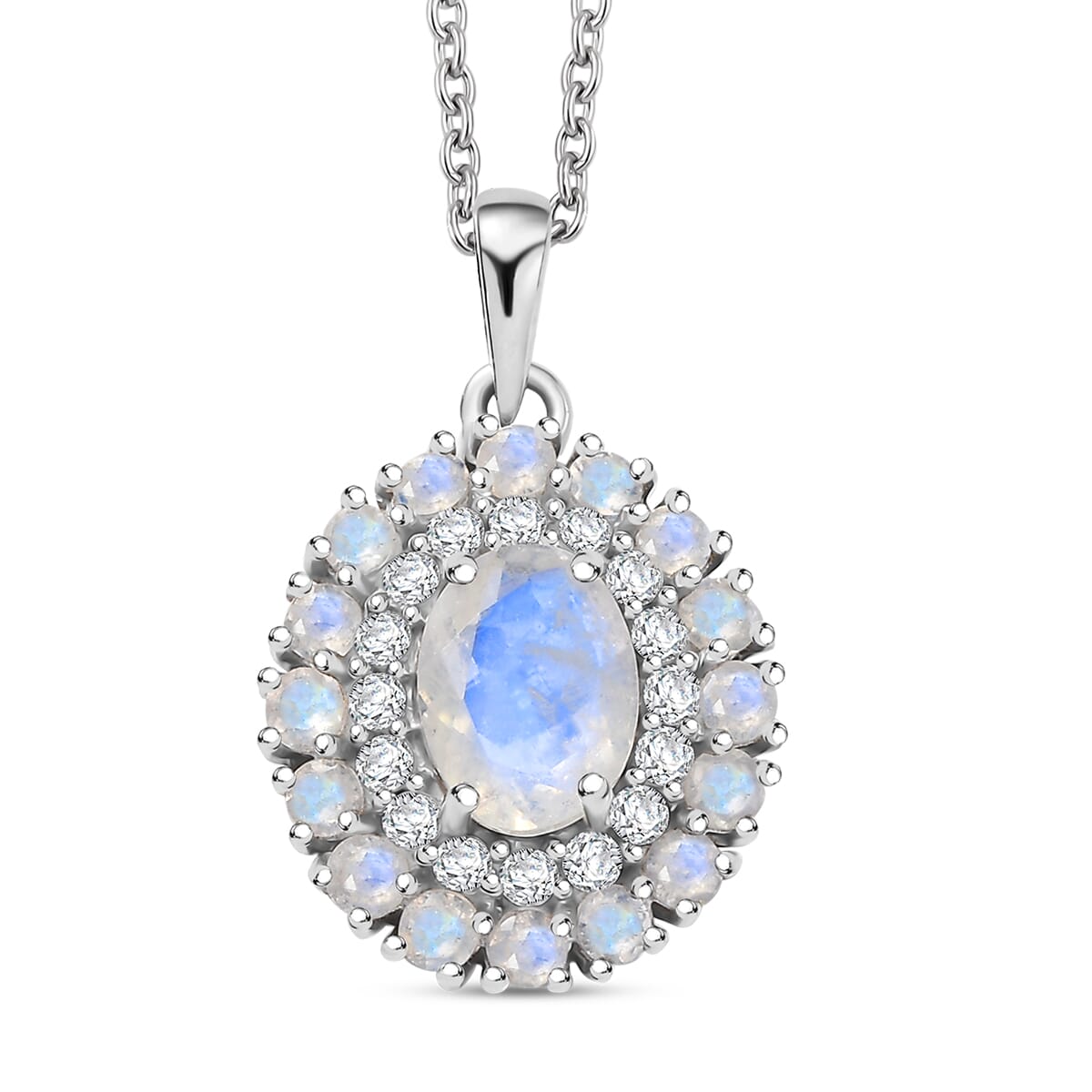 D'Joy Moon Glow Moonstone and White Zircon 2.35 ctw Celestial Elegance Pendant in Platinum Over Sterling Silver with Stainless Steel Necklace 20 Inches image number 0