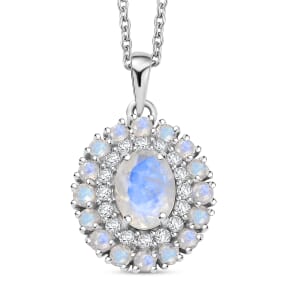 D'Joy Moon Glow Moonstone and White Zircon 2.35 ctw Celestial Elegance Pendant in Platinum Over Sterling Silver with Stainless Steel Necklace 20 Inches