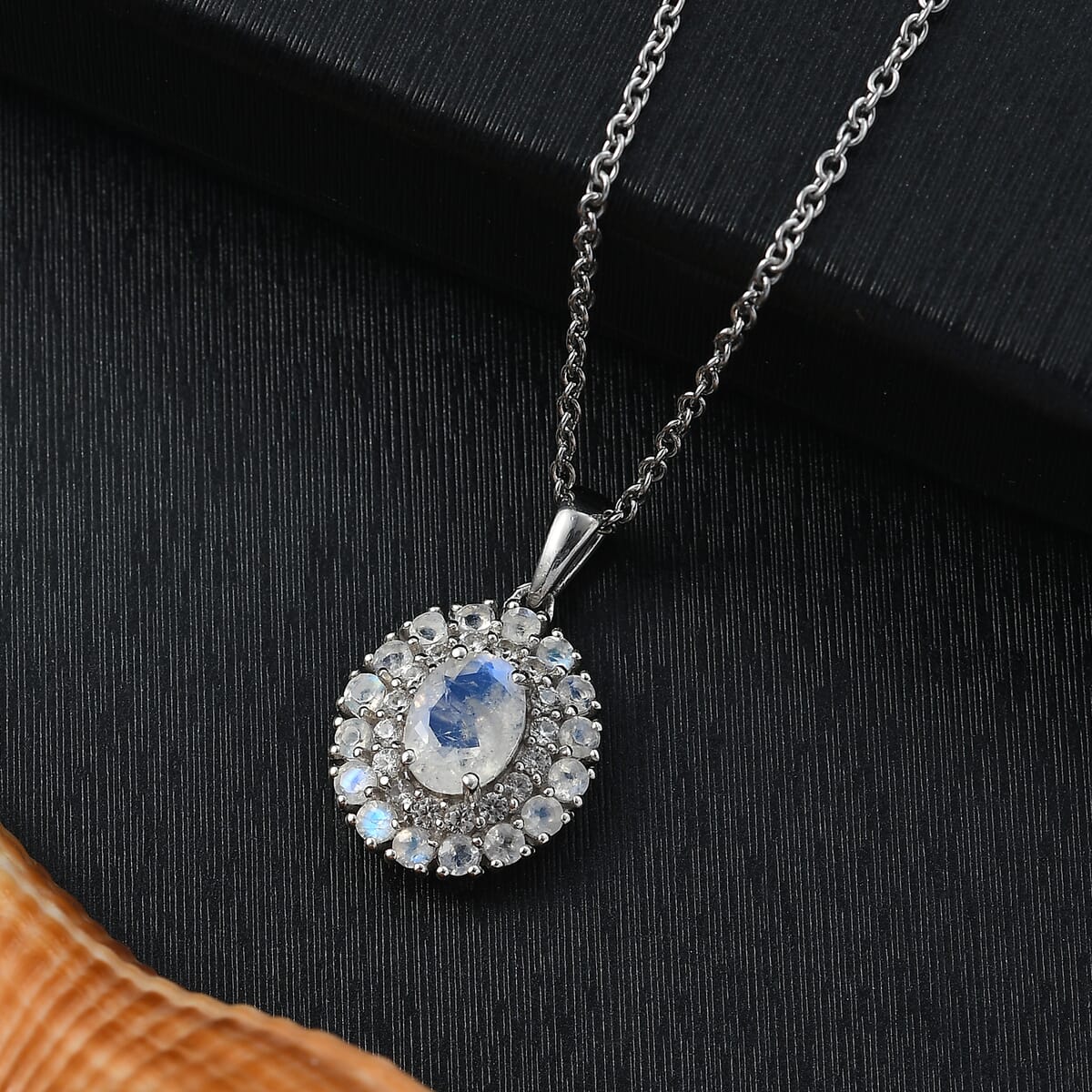 D'Joy Moon Glow Moonstone and White Zircon 2.35 ctw Celestial Elegance Pendant in Platinum Over Sterling Silver with Stainless Steel Necklace 20 Inches image number 1
