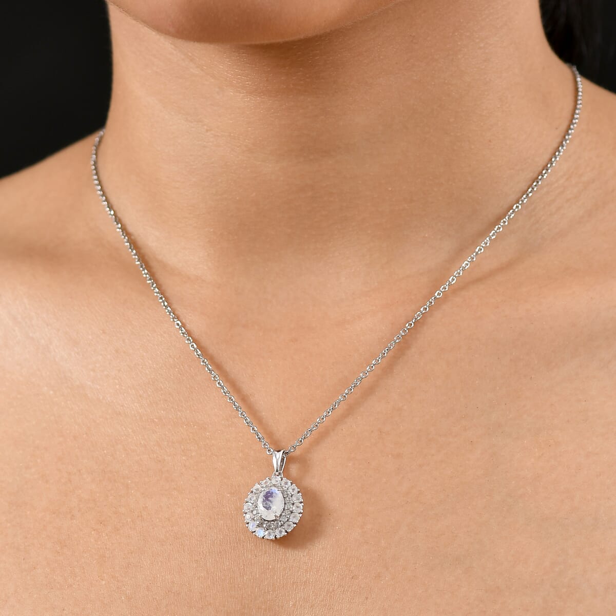 D'Joy Moon Glow Moonstone and White Zircon 2.35 ctw Celestial Elegance Pendant in Platinum Over Sterling Silver with Stainless Steel Necklace 20 Inches image number 2