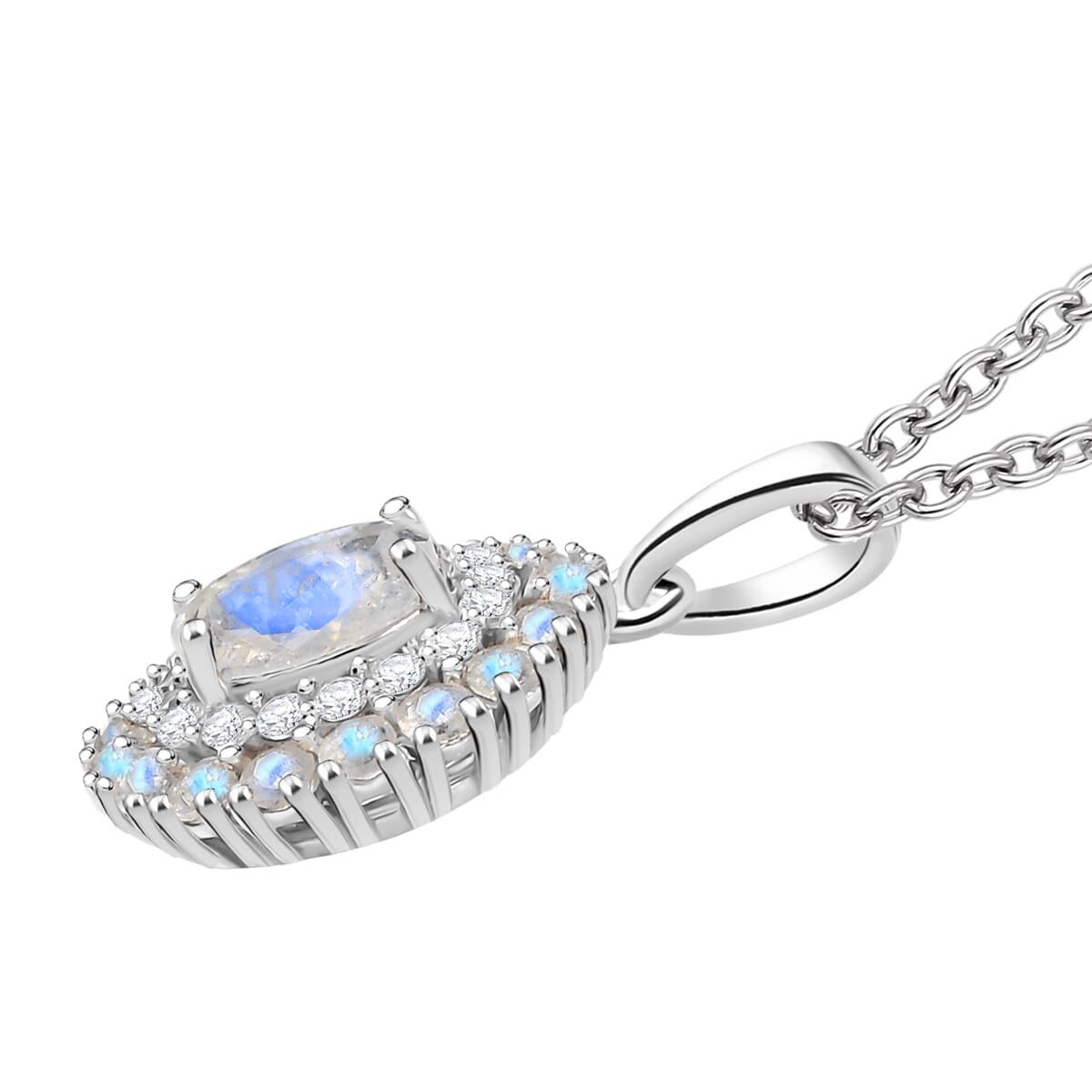 D'Joy Moon Glow Moonstone and White Zircon 2.35 ctw Celestial Elegance Pendant in Platinum Over Sterling Silver with Stainless Steel Necklace 20 Inches image number 3