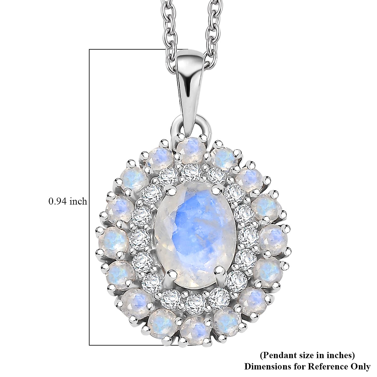 D'Joy Moon Glow Moonstone and White Zircon 2.35 ctw Celestial Elegance Pendant in Platinum Over Sterling Silver with Stainless Steel Necklace 20 Inches