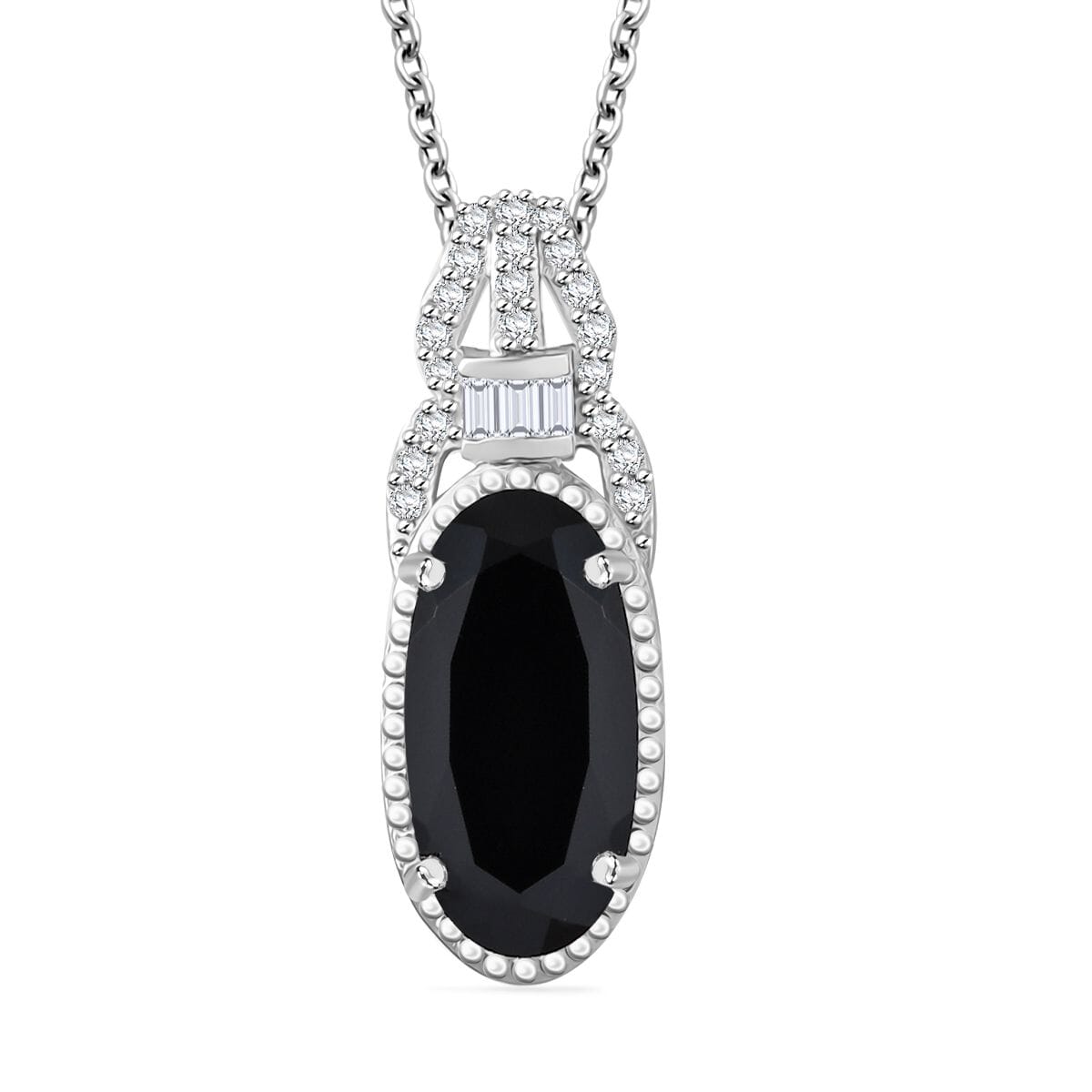 Karis Thai Black Spinel and White Zircon 4.35 ctw Midnight Majesty Pendant in Platinum Bond with Stainless Steel Necklace 20 Inches image number 0