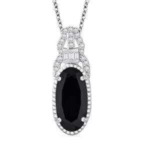 Karis Thai Black Spinel and White Zircon 4.35 ctw Midnight Majesty Pendant in Platinum Bond with Stainless Steel Necklace 20 Inches