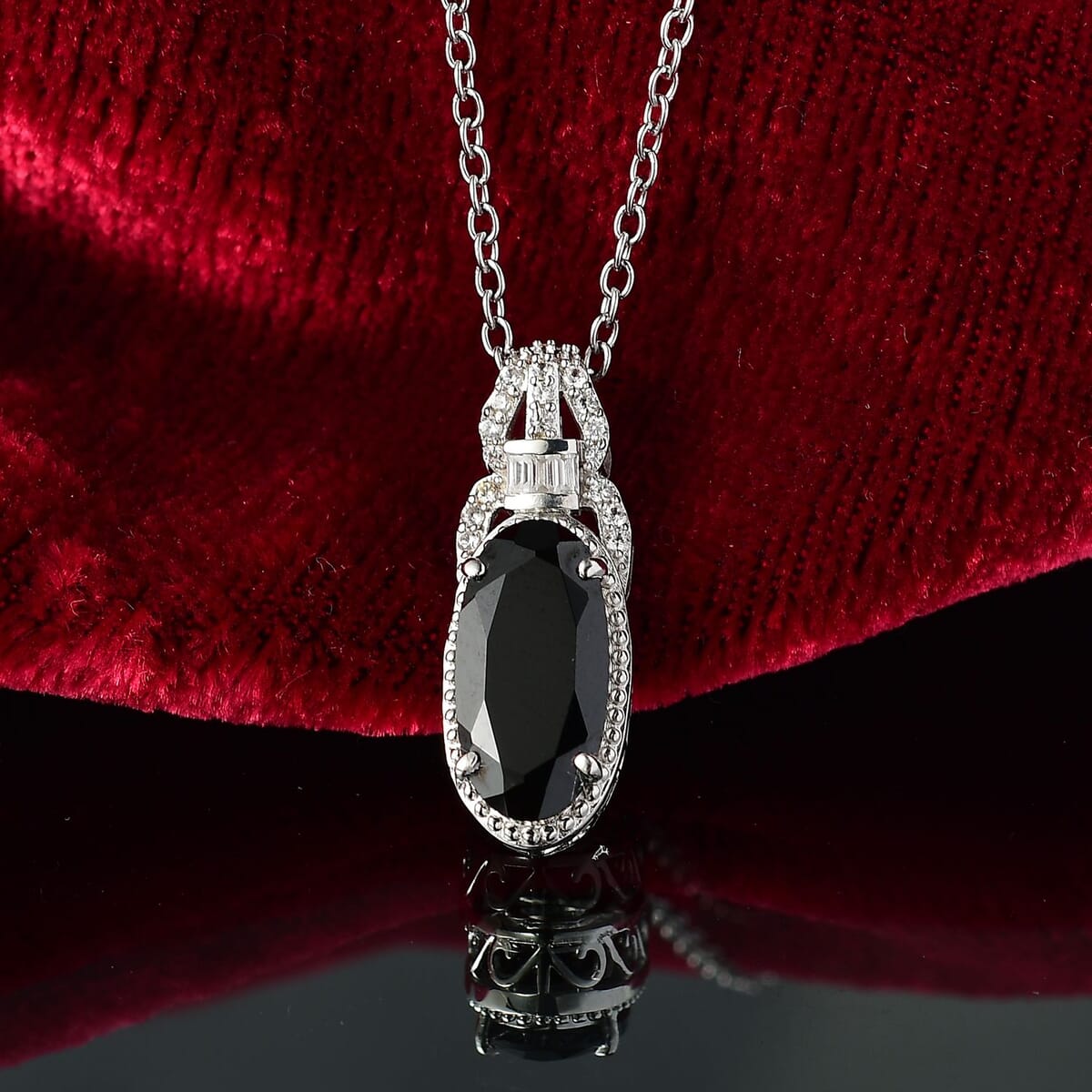 Karis Thai Black Spinel and White Zircon 4.35 ctw Midnight Majesty Pendant in Platinum Bond with Stainless Steel Necklace 20 Inches image number 1