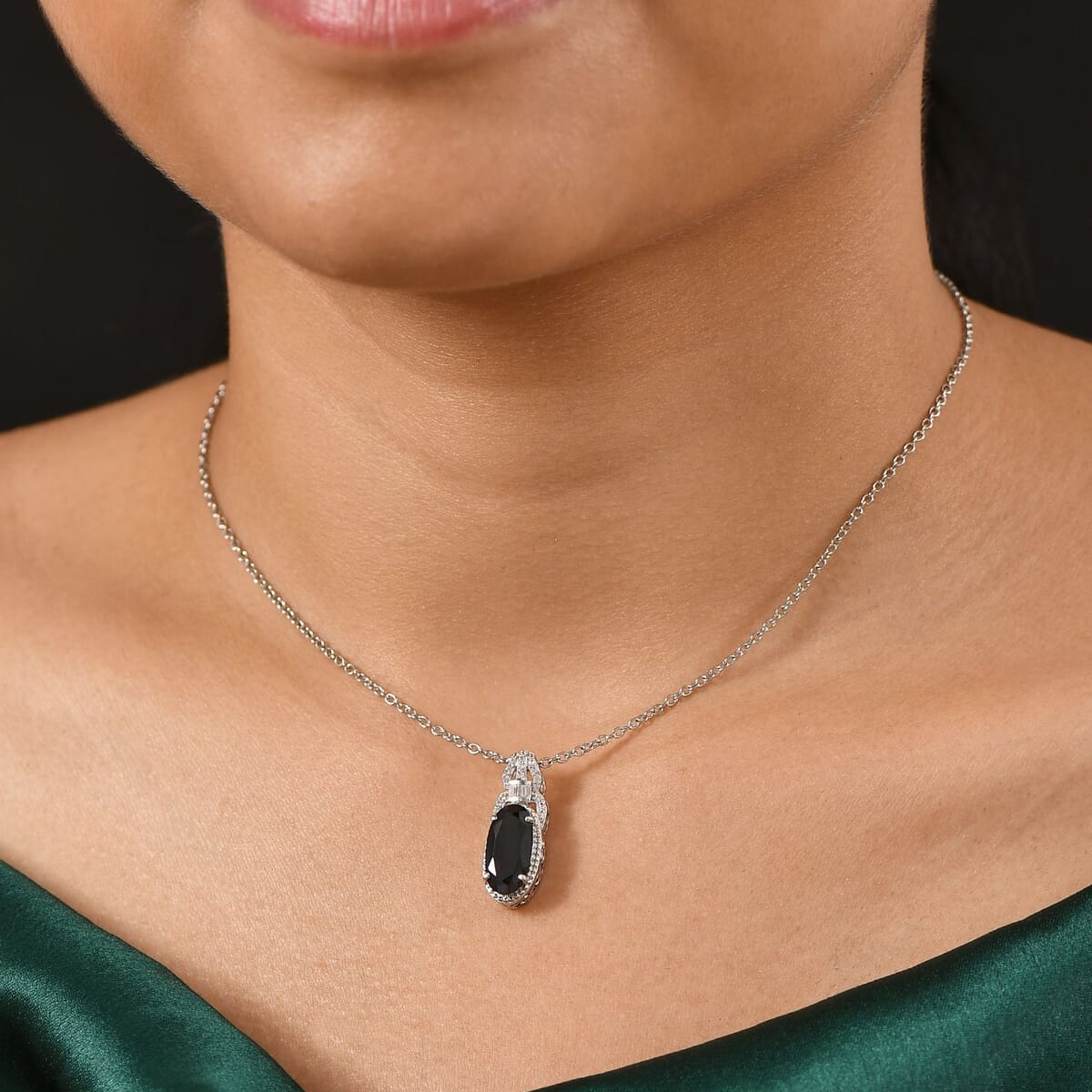 Karis Thai Black Spinel and White Zircon 4.35 ctw Midnight Majesty Pendant in Platinum Bond with Stainless Steel Necklace 20 Inches image number 2