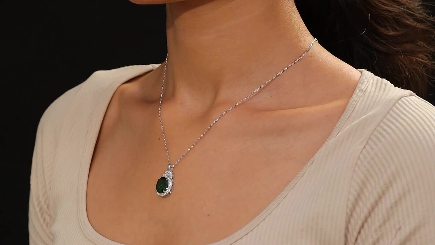 D'Joy Imperial Chrome Diopside and Moissanite 5.65 ctw Pendant Necklace in Rhodium Over Sterling Silver 20 Inches