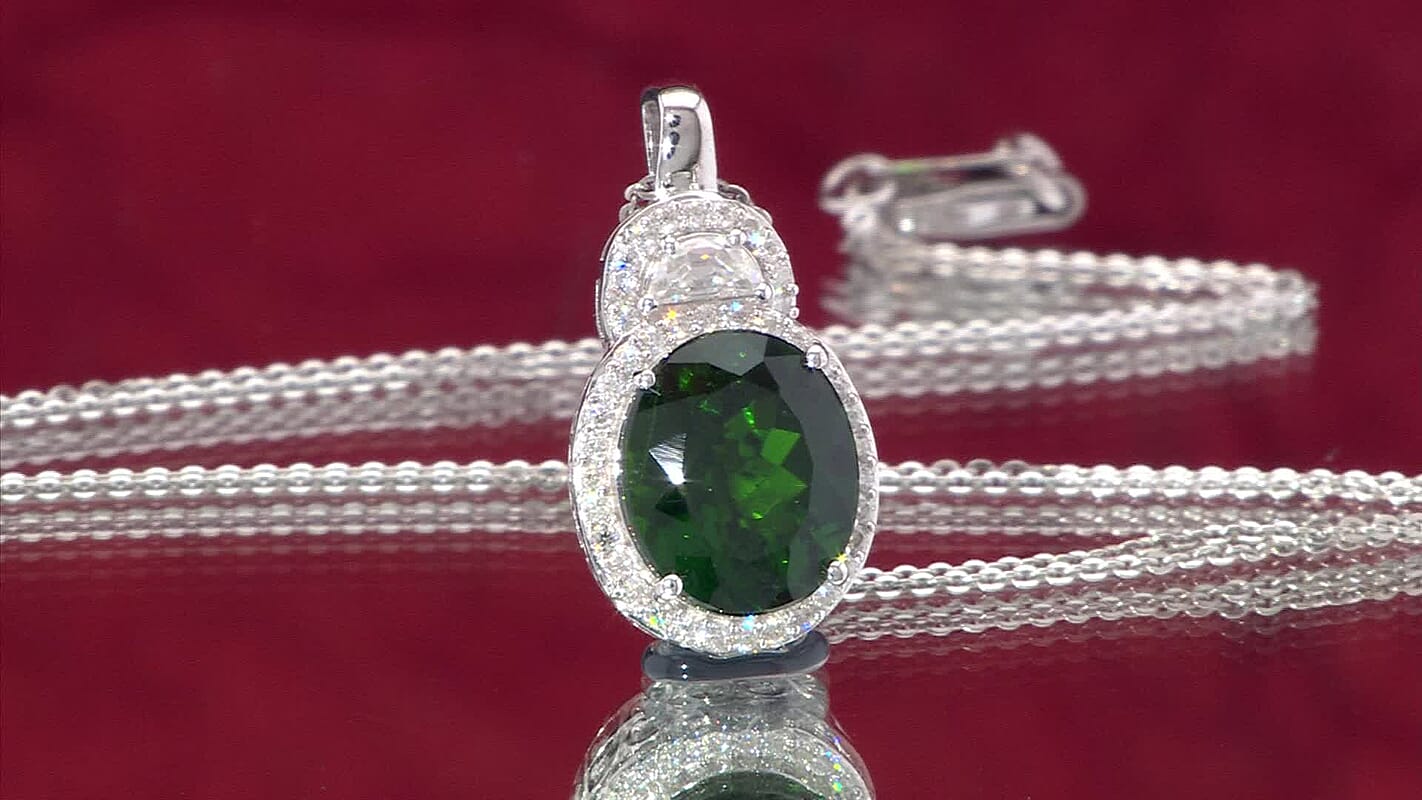 D'Joy Imperial Chrome Diopside and Moissanite 5.65 ctw Pendant Necklace in Rhodium Over Sterling Silver 20 Inches