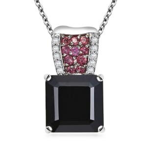 Thai Black Spinel and Multi Gemstone 6.60 ctw Midnight Bloom Pendant Necklace 20 Inches in Stainless Steel
