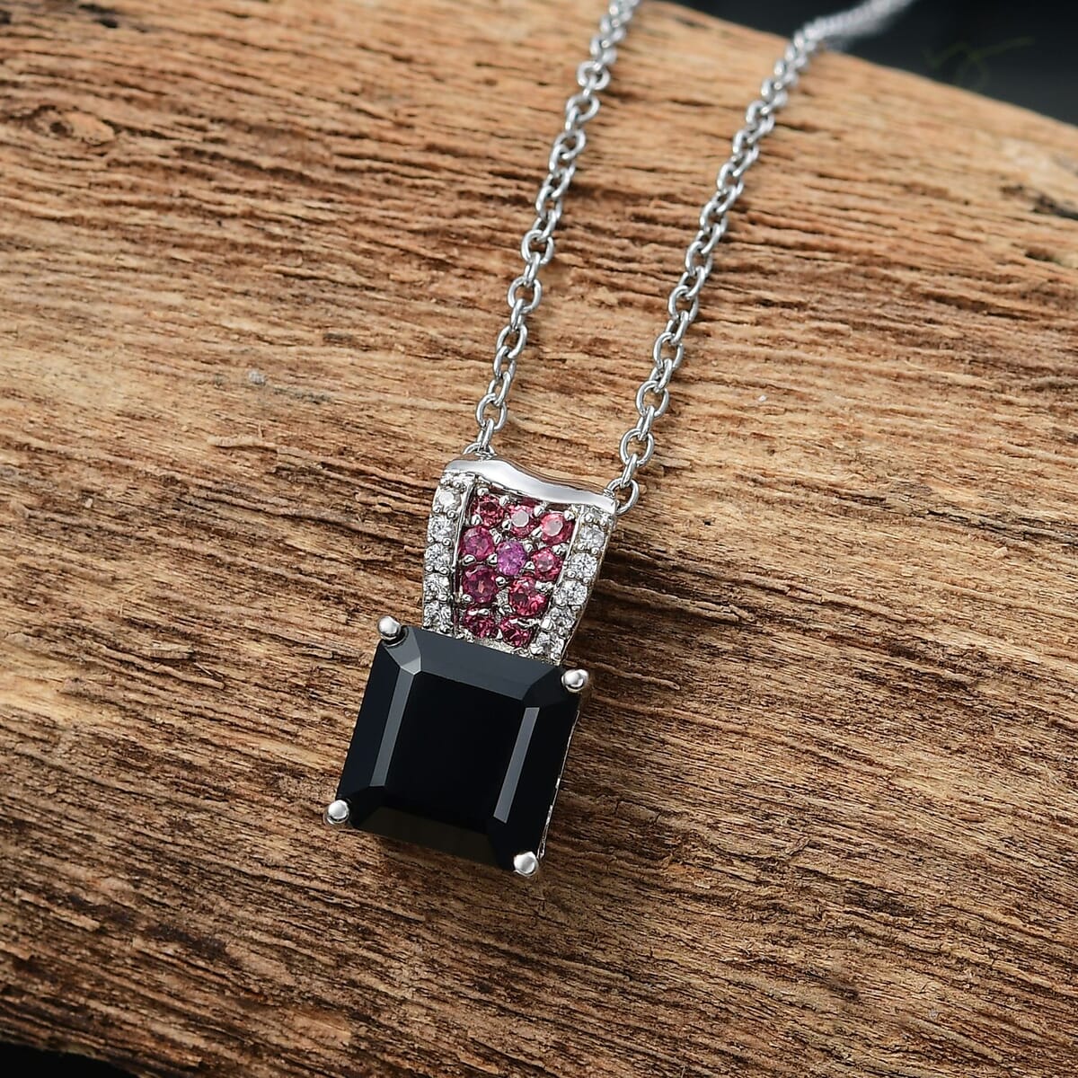 Thai Black Spinel and Multi Gemstone 6.60 ctw Midnight Bloom Pendant Necklace 20 Inches in Stainless Steel image number 1