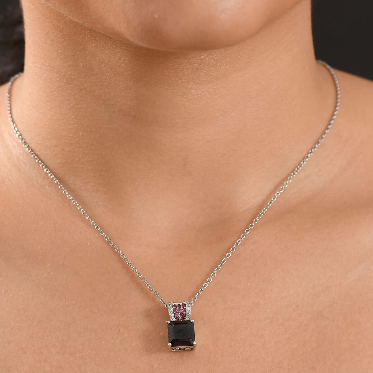 Thai Black Spinel and Multi Gemstone 6.60 ctw Midnight Bloom Pendant Necklace 20 Inches in Stainless Steel image number 2
